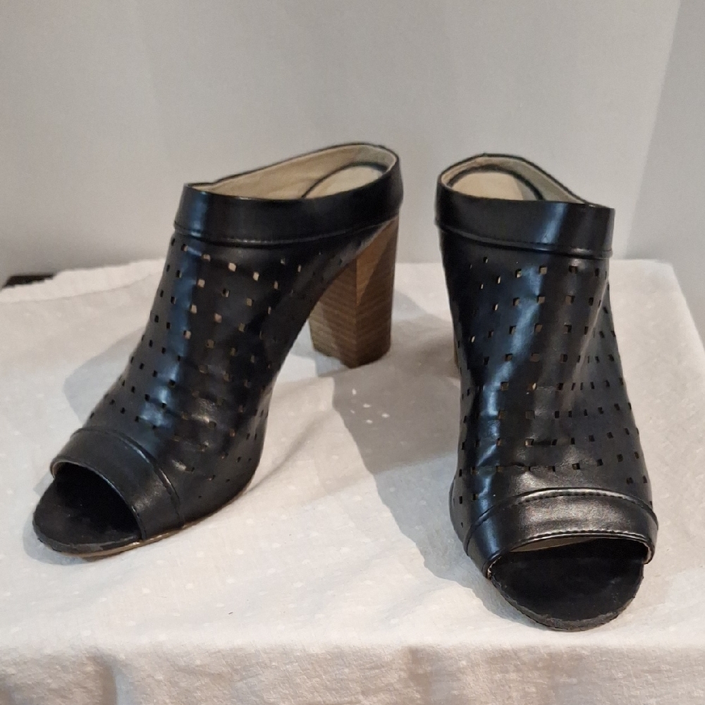Rialto Maribel Chic Black Leather Heeled Peeptoe Mules Size 9.5
